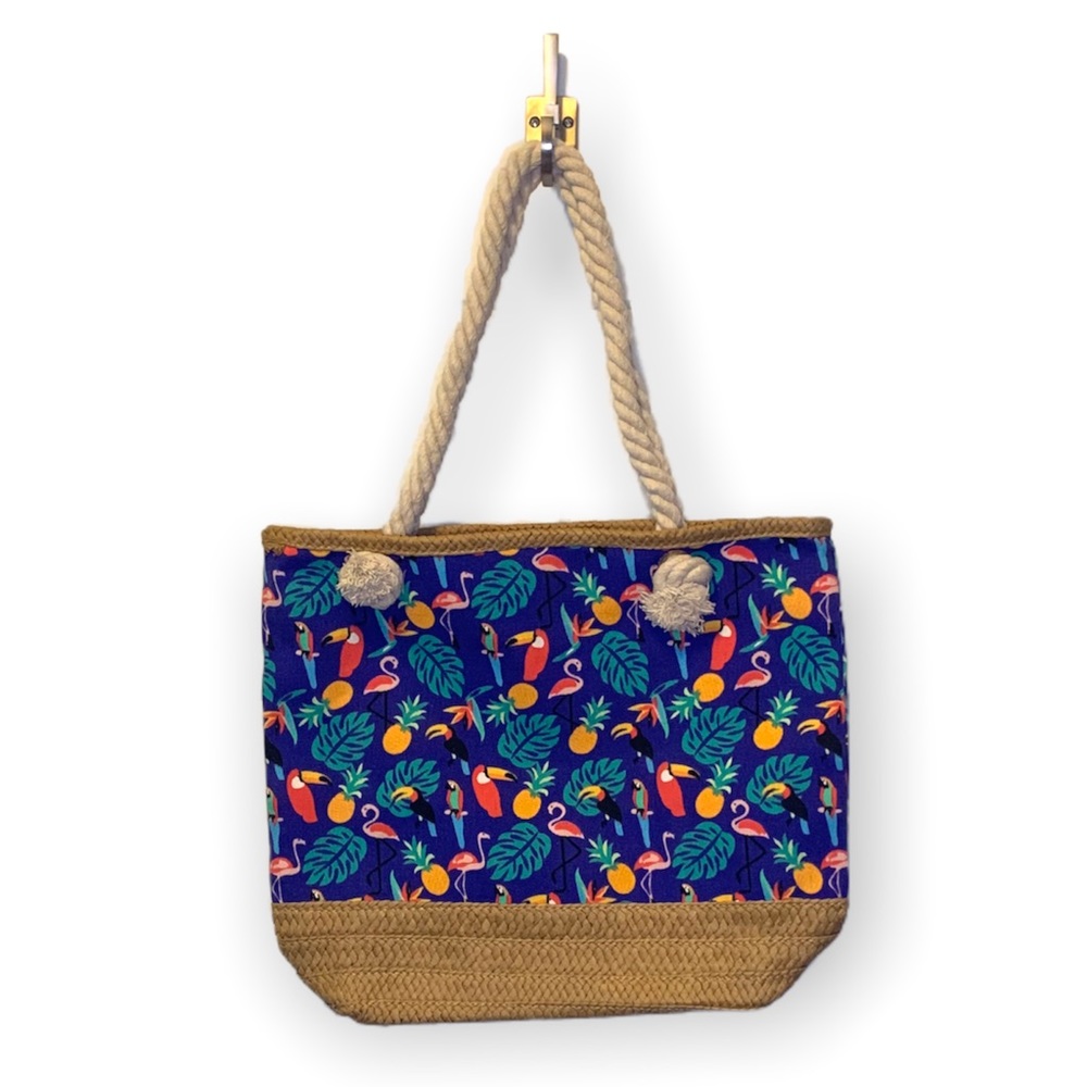 Summer Beach Tote Pool Bag Woven Tropical Flamingo Toucan Pineapple